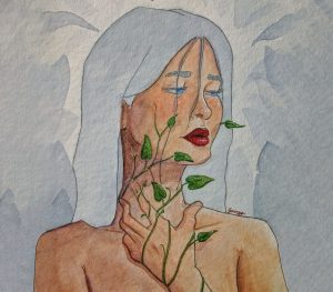 pintura em aquarela de uma mulher de cabelos prateados olhando solenemente para sua esquerda com a mão na garganta e brotos de folhas nascendo na sua mão e pescoço