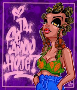 Mulher negra com penteado de tranças no estilo africano coquinhos om um olhar de se amar, com escrita na estática de graffiti. @image_erc