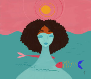 Mulher negra com cabelos crespo atrás de um mar com peixes