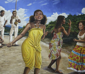 A pintura "Batuque 5" pertence à coleção de pinturas: "Negros, Batuque e Capoeira", que homenageia a contribuição dos povos africanos à cultura brasileira.