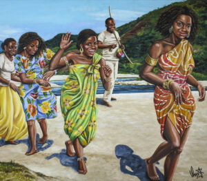 A pintura "Batuque 3" pertence à coleção de pinturas: "Negros, Batuque e Capoeira", que homenageia a contribuição dos povos africanos à cultura brasileira.