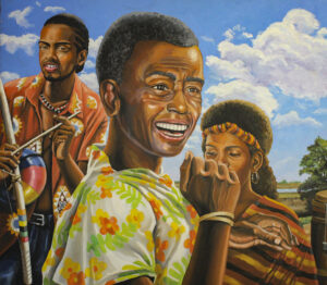 A pintura "Cor e Ritmo 2" pertence à coleção de pinturas: "Negros, Batuque e Capoeira", que homenageia a contribuição dos povos africanos à cultura brasileira.